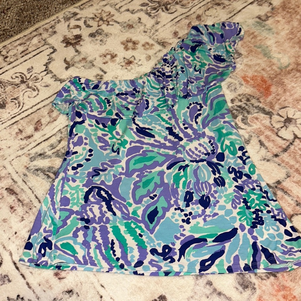 Lilly Pulitzer size medium one-shoulder sleeveless blouse, blue/purple/white